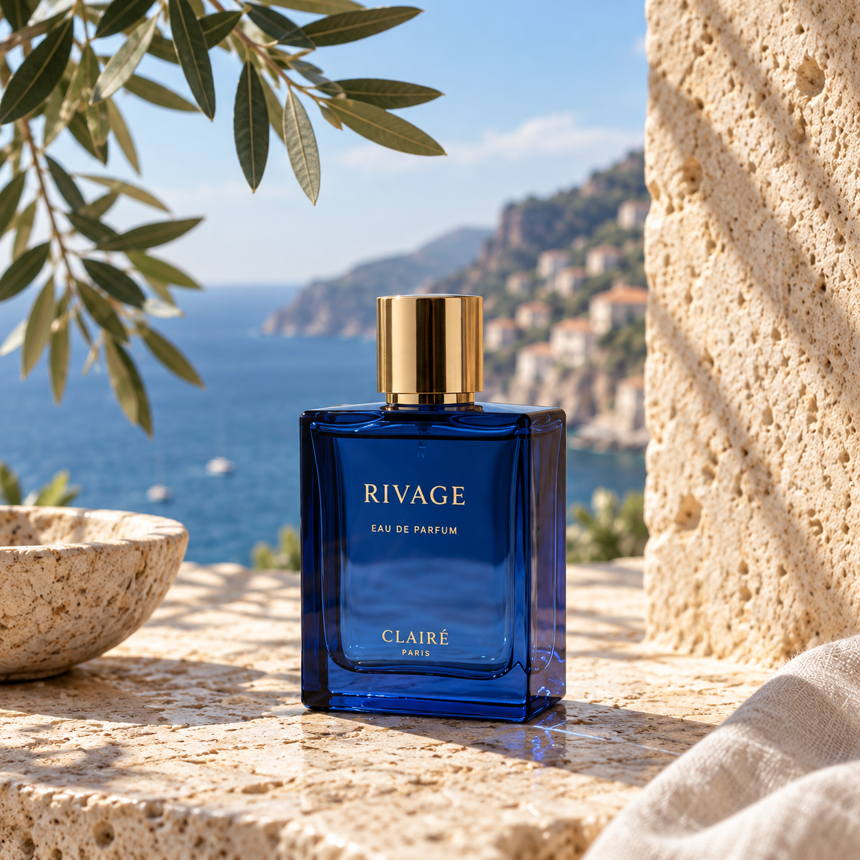 Illustrative cobalt perfume photograph A; not a Nano Banana 2.1 output